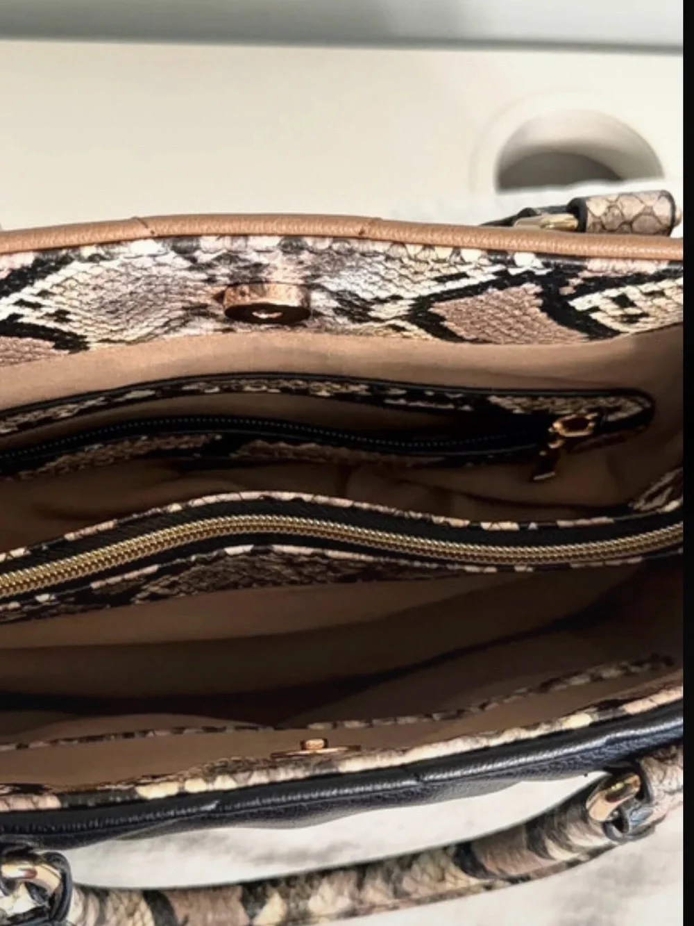 Chico’s Structured Camel and Black Tote Handbag with Snake-Print Trim NWOT